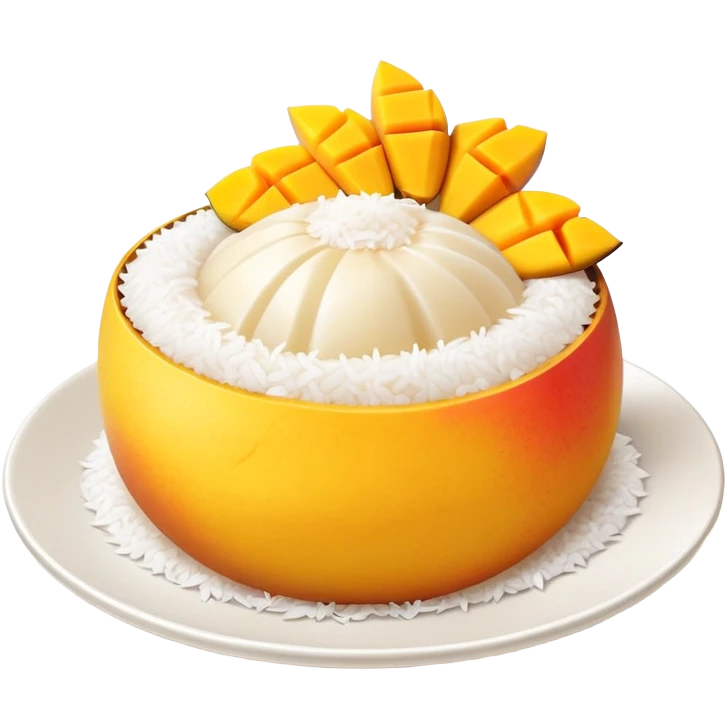 cinematic-realistic-mango-sticky-rice-dessert-emoji,-showcasing-sweet-sticky-rice out of a mould-paired-with-ripe-mango-slices-and-coconut-milk-rendered-with-lifelike-detail-and-warm,-inviting-lighting with the coconut  milk over the rice emoji