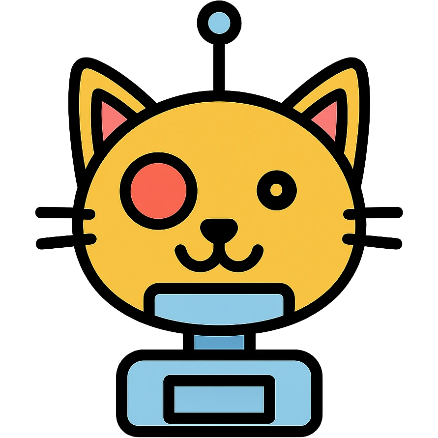 cartoon style emoji mashup of a cat and a robot, flat icon, white background, cat head with robotic features emoji