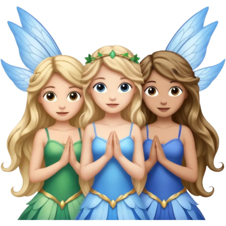 Three women as pretty fairies with wings, brown eyed light skin with dark blonde long hair and Brown eyed light skin black long wavy hair and blue eyed light skin long blonde hair emoji