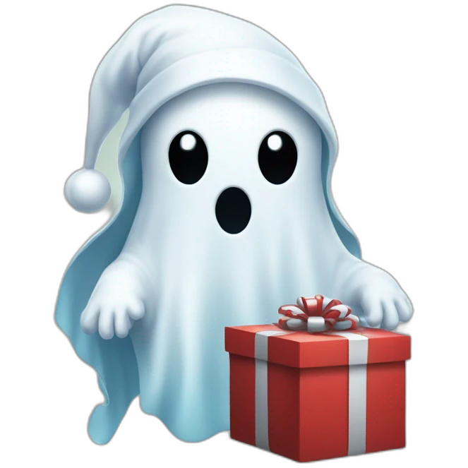 Ghost wearing a Santa hat holding a present emoji