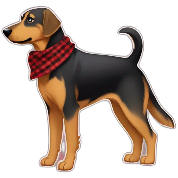 adult 75% Coonhound 25% German Shepherd mix dog with visible tail wearing small pointed red buffalo plaid bandana full body walking left quickly emoji