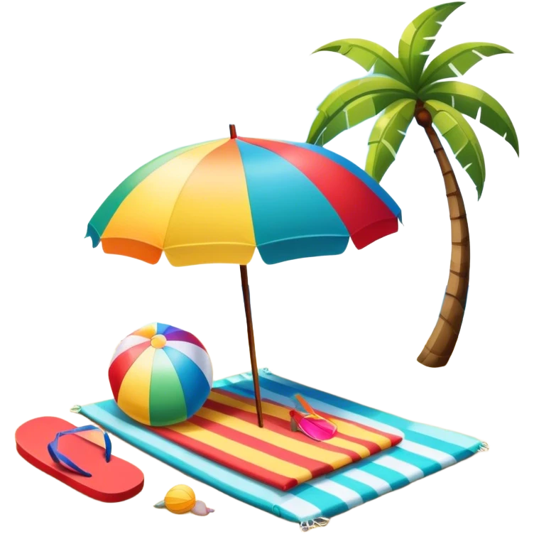 Icon for Beach Tourism: a sun umbrella, beach ball, flip-flops, and a beach towel on the sand, with the ocean and palm trees in the background. The icon should represent relaxation and fun at the beach. Transparent background. emoji