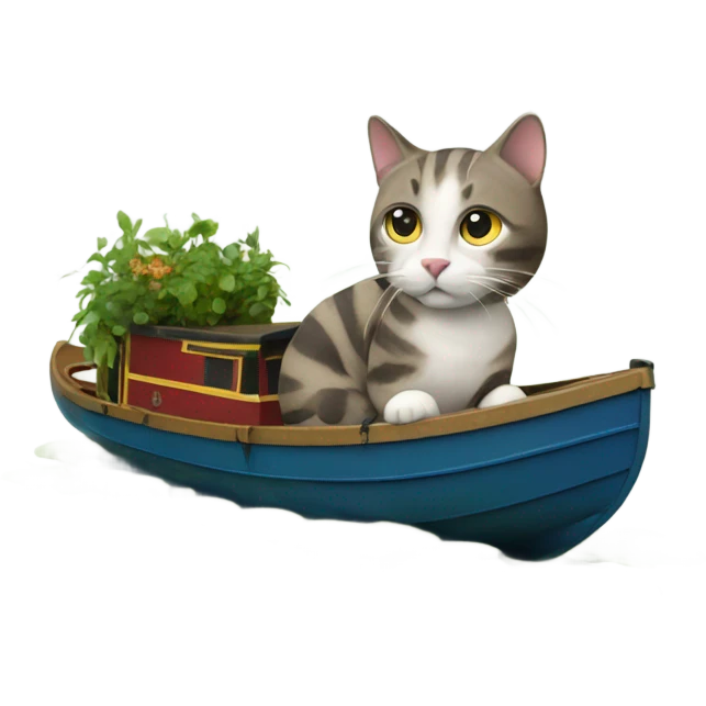 Cat with a narrowboat as its body with plants on top emoji