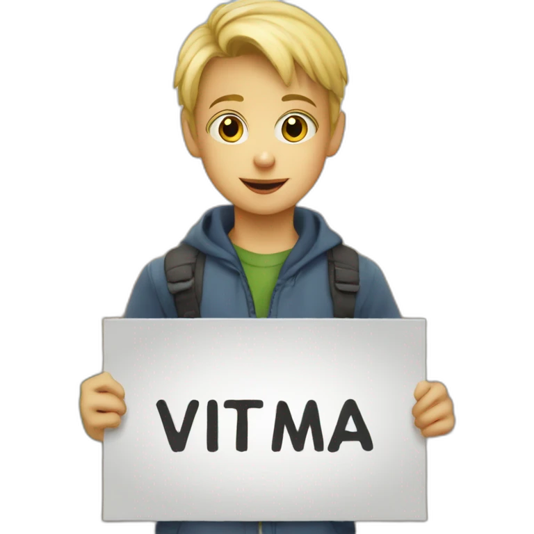 a young blond boy holding a sign , written "vivien ta maman" emoji
