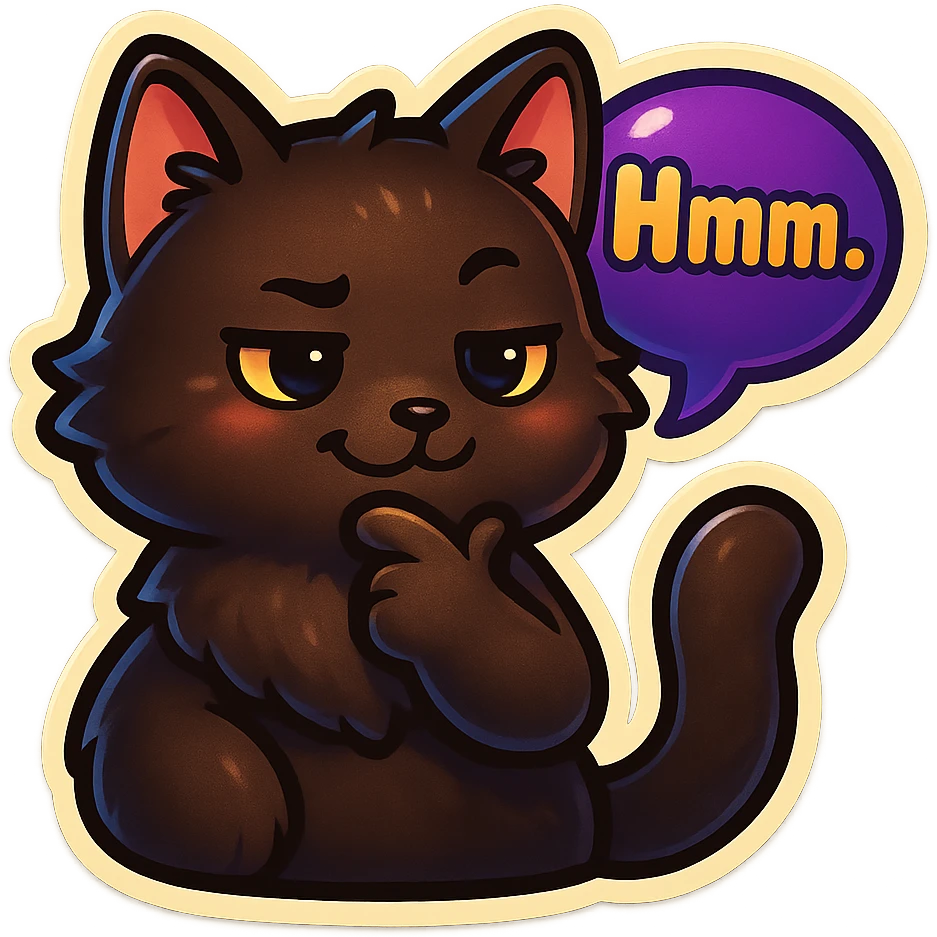 a dark-brown fluffy cute kawaii anime cat thinking smirking thoughtfully, saying “Hmm..” with a purple speech bubble emoji
