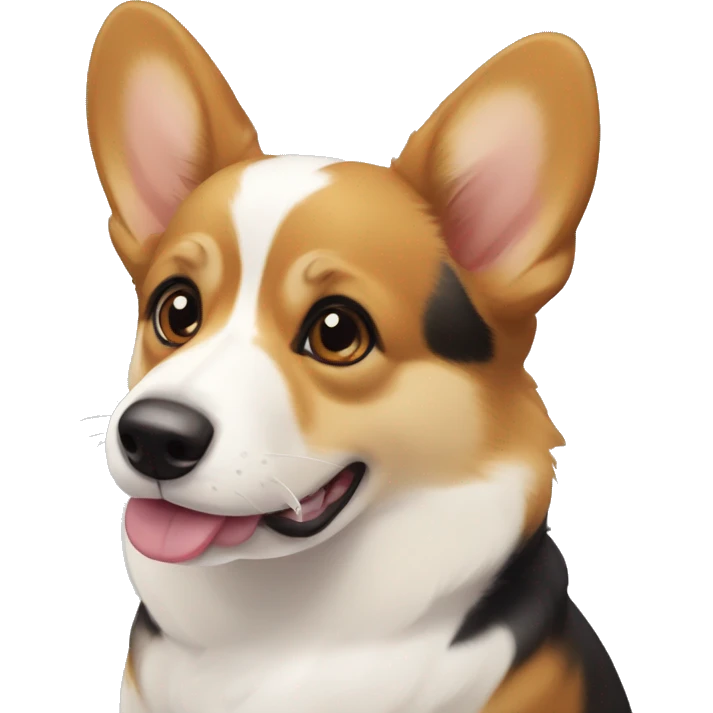 a tricolor corgi. lots of black on the head around the eyes, beige and white on the muzzle. a white spot on the forehead, sticking out the tongue emoji