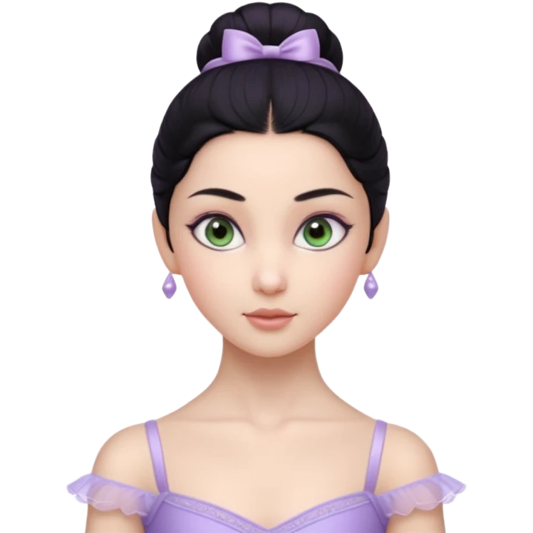 Cinematic Realistic ballerina Light Purple Portrait, depicted with lifelike skin texture, subtle rosy undertones, and soft natural lighting that enhances the gentle contours of her face. Her intricately detailed sweet black hair is elegantly styled, green eyes emoji