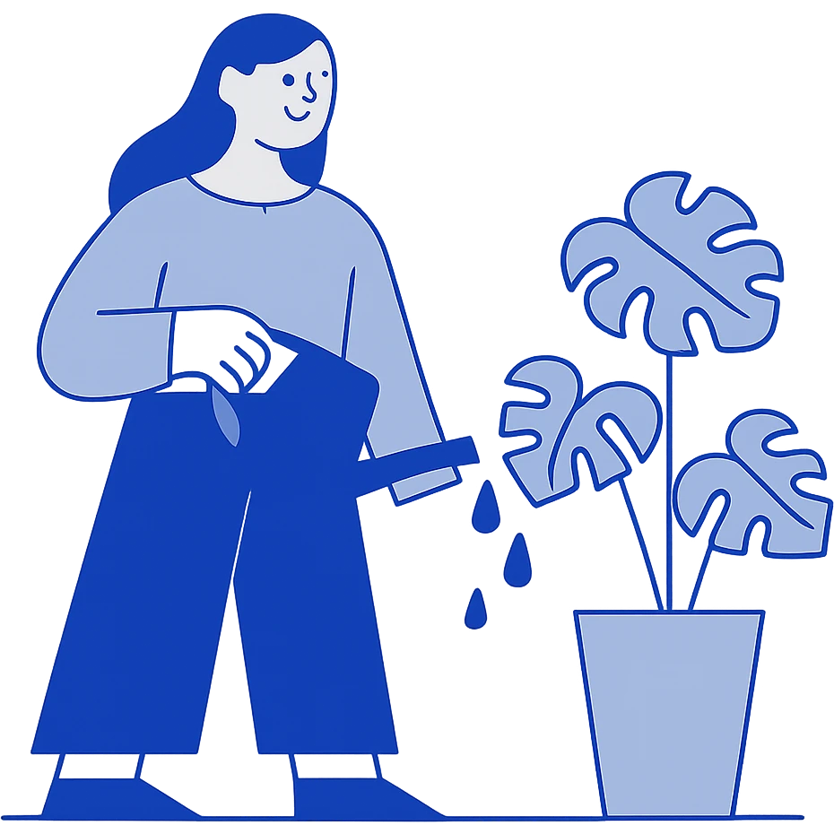 smiling woman with watering can caring for monstera emoji
