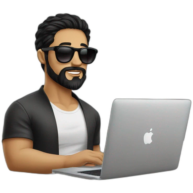 Designer with black hair, beard and round sunglasses working with MacBook and drinking cappuccino  emoji