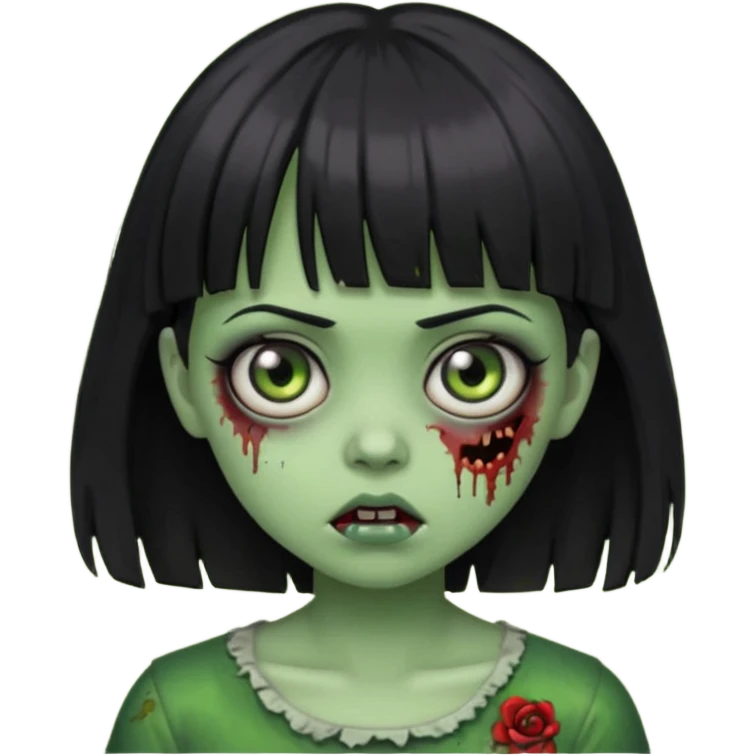garota zumbi com franja, cabelo preto, pele esverdeada, olhos grandes, estilo emoji de iPhone emoji