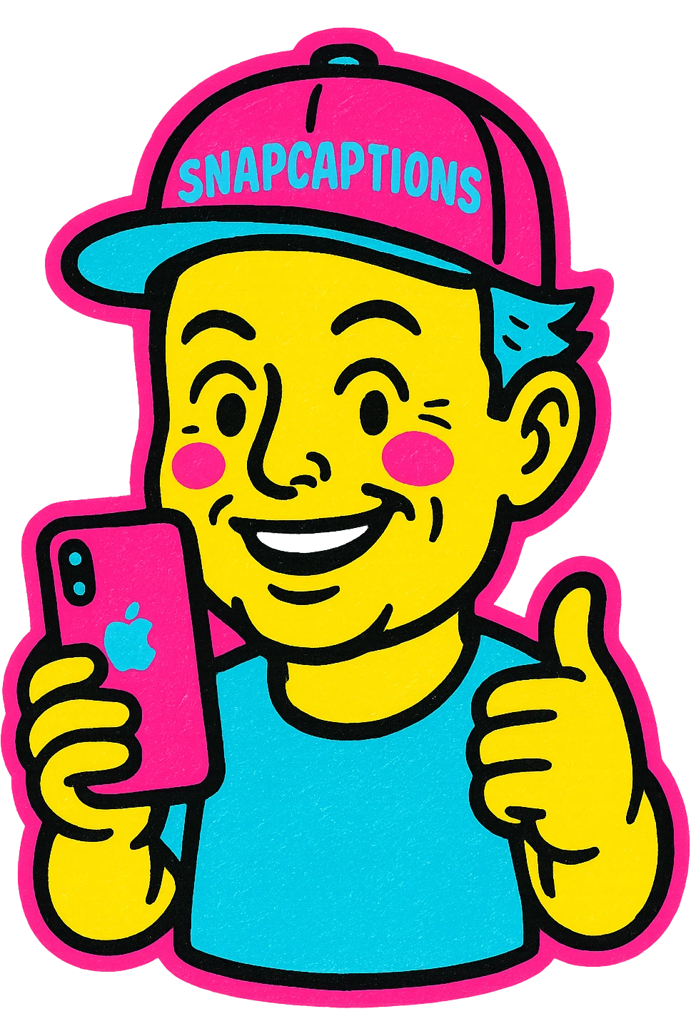 sticker of Elon Musk wearing a cap labeled 'Snapcaptions' and holding an iPhone, vibrant, fun, suitable for social media emoji