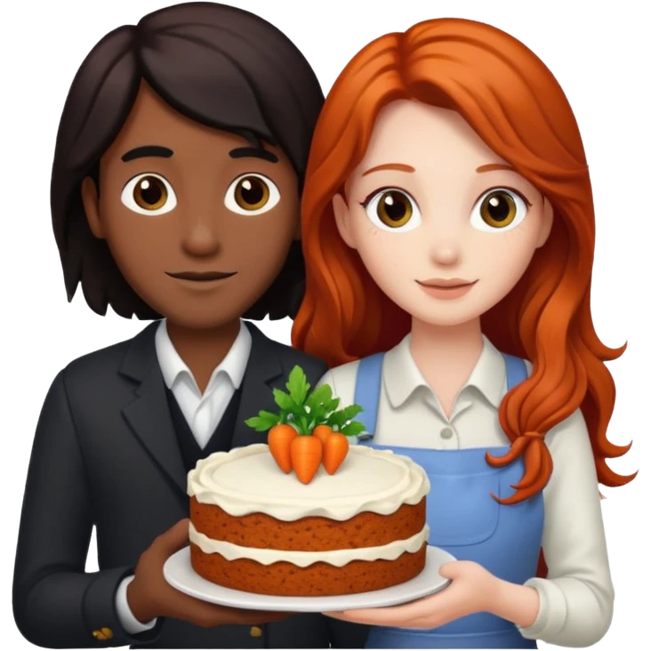 Redhead girl and black long haired guy with carrot cake emoji