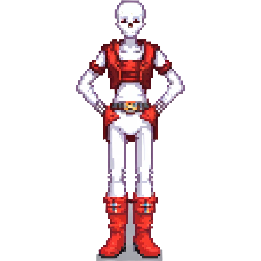pixel art of Papyrus from Undertale, smiling, hands on hips, red boots and gloves emoji