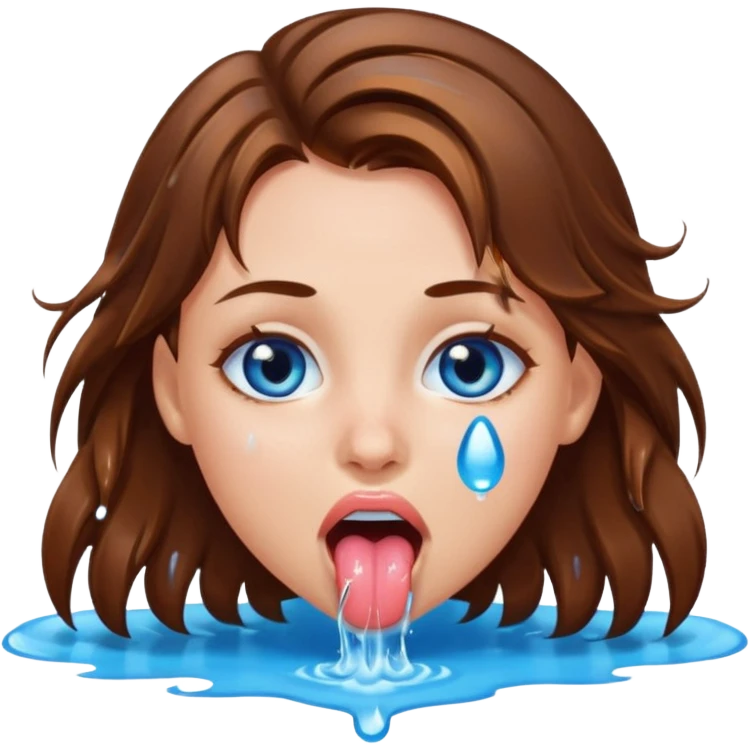 Girl with brown hair, blue eyes, a wet face and her tongue out. Can you make her face more wet? Can you add clear water droplets on her face and tongue? No water below her. Just on her face, hair and tongue. emoji