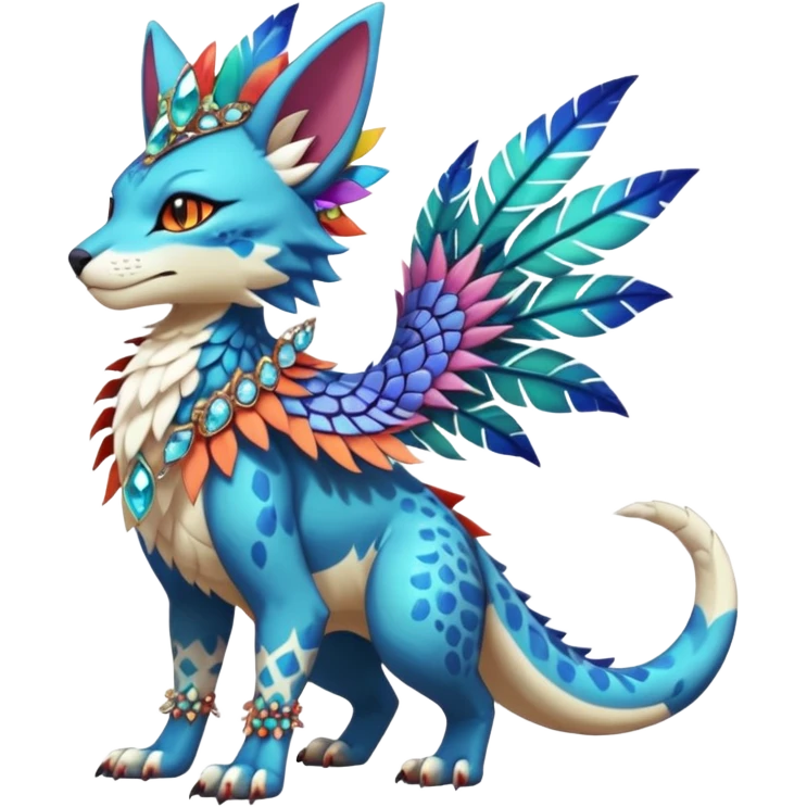 Kawaii cute colorful warm-colored exotic tropical beautiful pretty elegant divine edgy feline-vernid-sergal-Fakémon-Pokémon-fursona-animal-creature with accessories, jewelries, full body, with intricate detailed markings, feathers, crystals, fins, scales, headdress emoji
