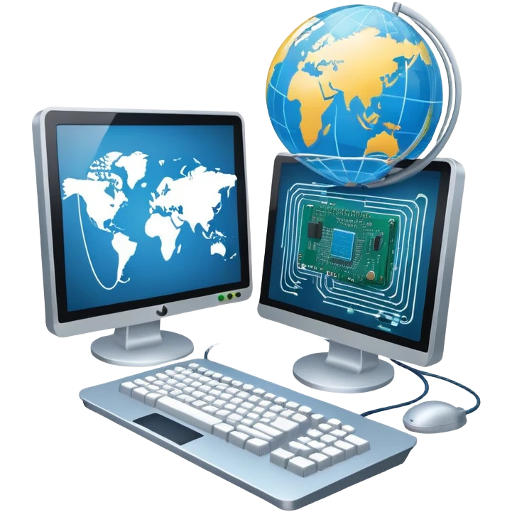 An icon featuring a computer monitor displaying code, a globe with network nodes, and a circuit board, symbolizing IT. The design includes data streams, cloud storage, and a keyboard, representing digital innovation, connectivity, and problem-solving. Transparent background emoji