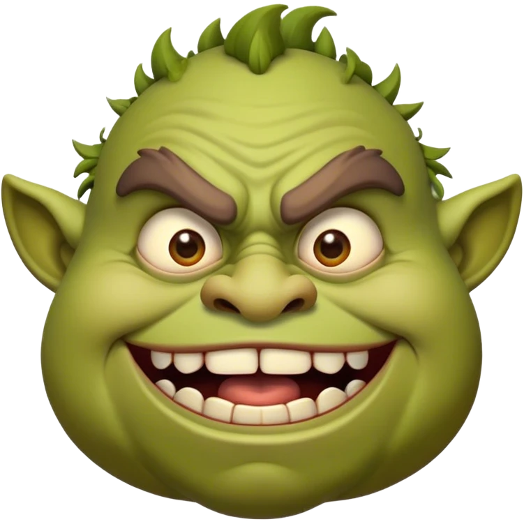 Cinematic Comical Ogre Portrait Emoji, with a strikingly exaggerated, bulky figure in vivid earthy greens and browns, head tilted in a dramatically surprised expression with wide, comically bulging eyes and a goofy, oversized grin, simplified yet hilariously exaggerated, highly detailed with a soft, cartoonish glowing outline capturing the playful absurdity of a meme-worthy ogre! emoji