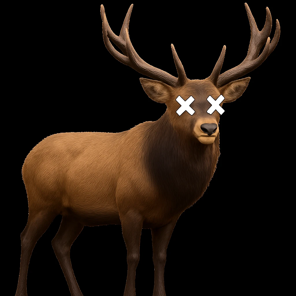 Overlay cartoon X's on the eyes of the elk, keep everything else 100% identical—pose, style, lighting, and background. Maintain the original style and look exactly as in the reference image. emoji
