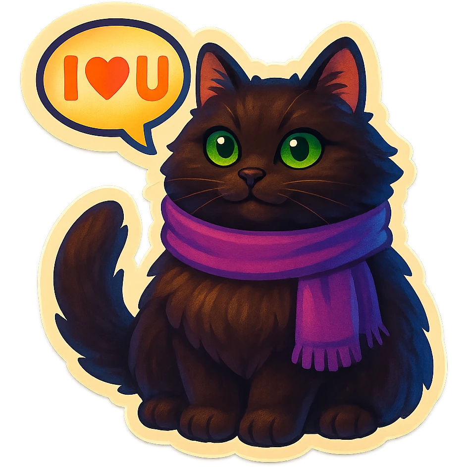 Fluffy dark-brown cat with green eyes and a purple scarf saying ‘I ♡ U’ (with a speech bubble) emoji