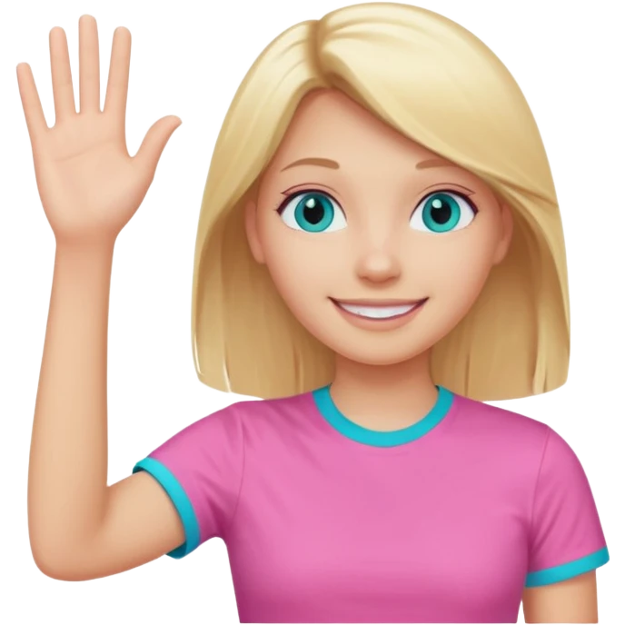 blonde girl, straight hair, turquoise eyes and pink t-shirt waving, smiling face emoji