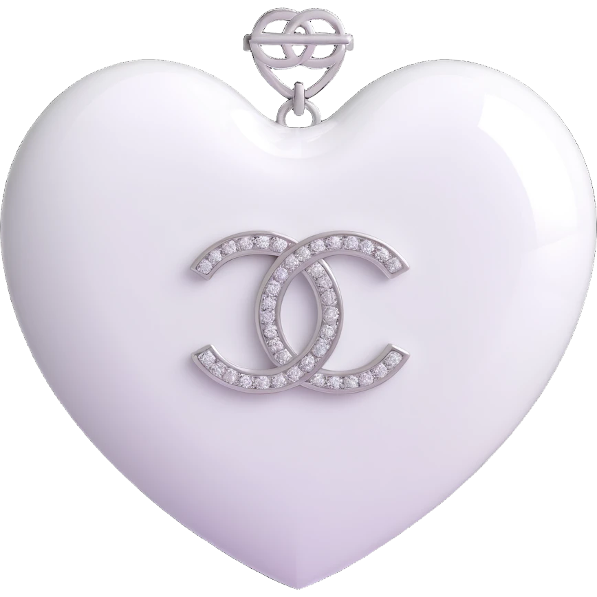 Change the glossy black heart to glossy white, keep the diamond accent and silver Chanel logo, elegant, white and silver color scheme, 3D emoji style, keep the background transparent. emoji