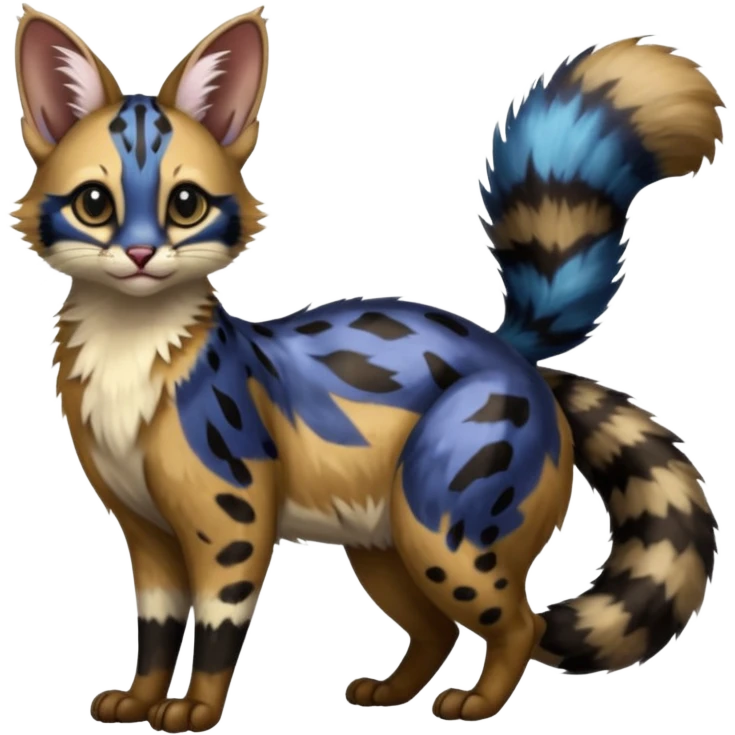  ink-black fur laced with oil-slick bronze and abyssal cobalt runes fur with random dark markings beautiful elegant pretty precious cute  Fakémon-Pokémon-opossum-feline-serval-caracal-chinchilla-Furret-Minccino-hybrid-creature with a big fluffy bushy tail (full body) emoji