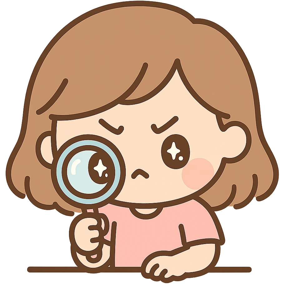 chibi cute girl with brown hair, concentrating hard while using a magnifying lens emoji