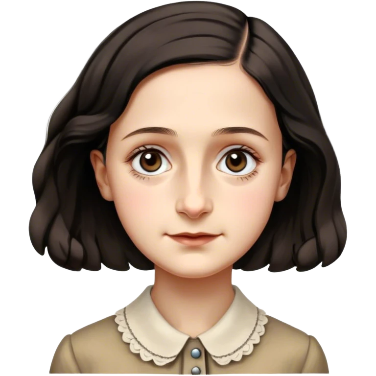 Anne Frank – Cinematic Realistic Portrait of Anne Frank, depicted with a reflective, gentle expression in period clothing, her eyes conveying hope and resilience, rendered with soft, natural lighting and delicate textures that capture the poignancy of her legacy. emoji