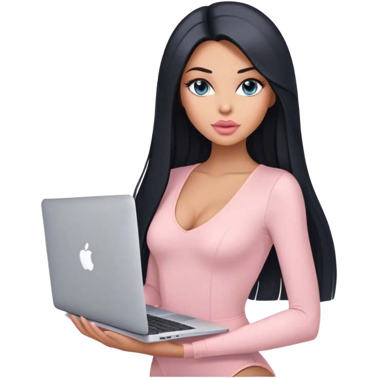 Glamours, tanned, very beautiful girl, with big pump peach-beige-rose lips, black straight smooth silky long hair, straight parting hair, blue-grey eyes, in light-pink bodysuit holding MacBook emoji