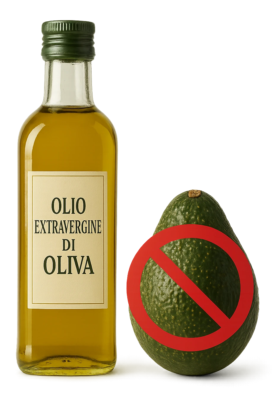 BOTTIGLIA DI OLIO EVO CON LA SCRITTA "OLIO EXTRAVERGINE DI OLIVA" SULL'ETICHETTA E AVOCADO CON DIVIETO SOPRA,  iperrealistico 4k emoji