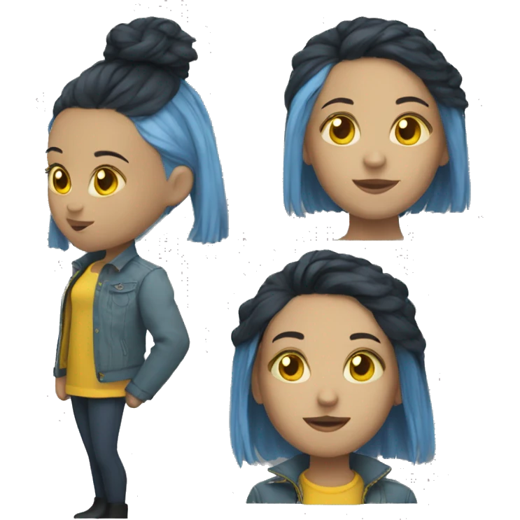 girl with short blue hair, a yellow jacket and black buttons for eyes  emoji