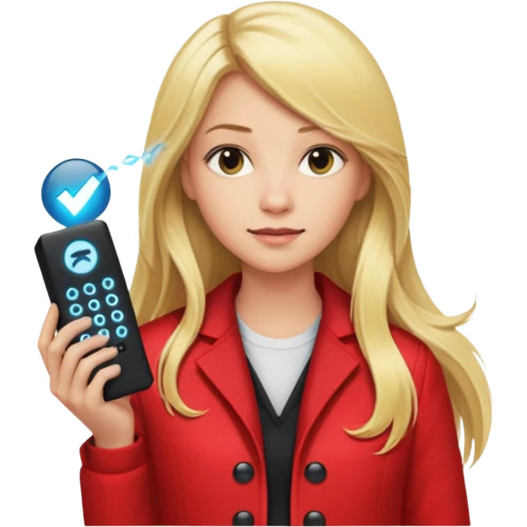 mujer  joven rubia con pelo largo y saco rojo con modem de internet emoji