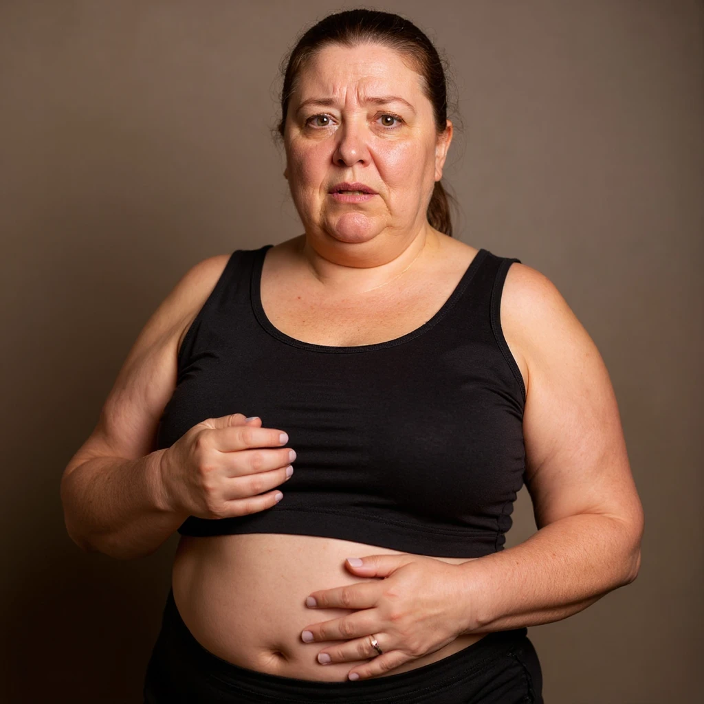 Make the image more realistic inspired by the reference photo: a woman with a lot of cellulite, visible face with a desperate and tired expression, identical pose to the photo, very detailed skin and shadows, neutral background. emoji