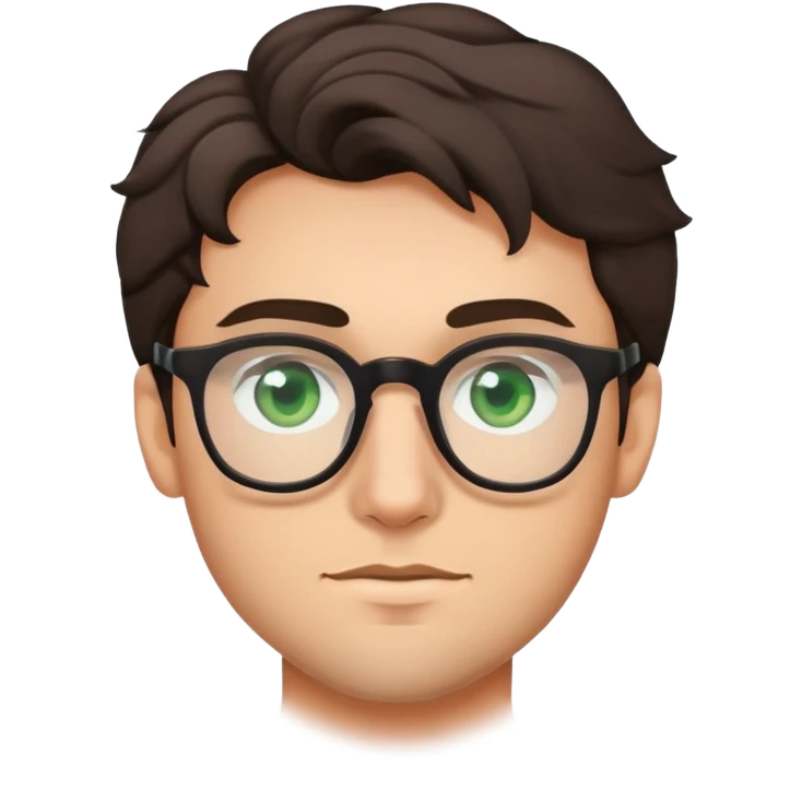 young man with dark slightly curled hair wearing glasses with green eyes and stubble emoji