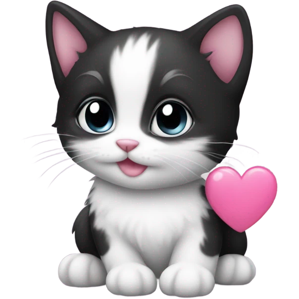 black and white kitten with pink heart emoji