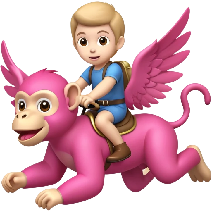 Child riding a flying pink monkey emoji