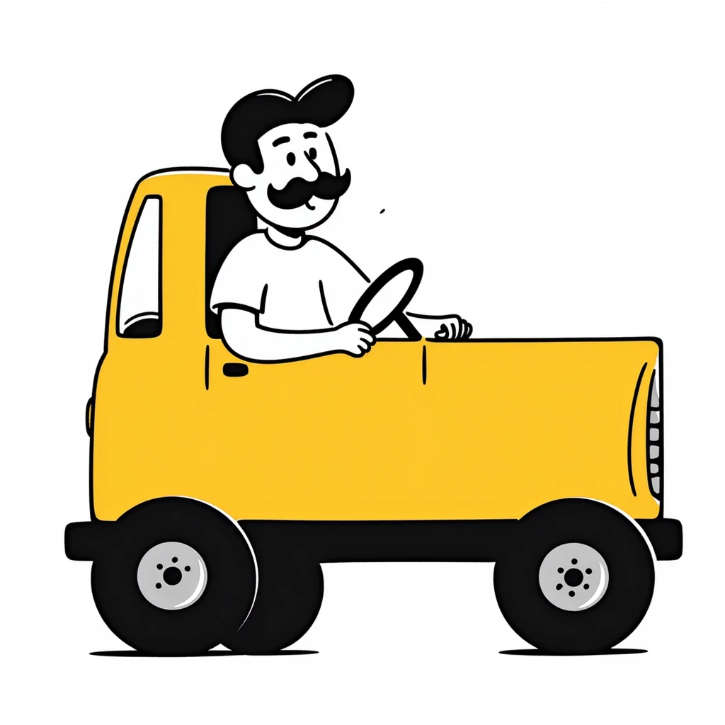 a bald truck driver with a mustache and a baseball cap, driving a yellow semi sleeper truck emoji