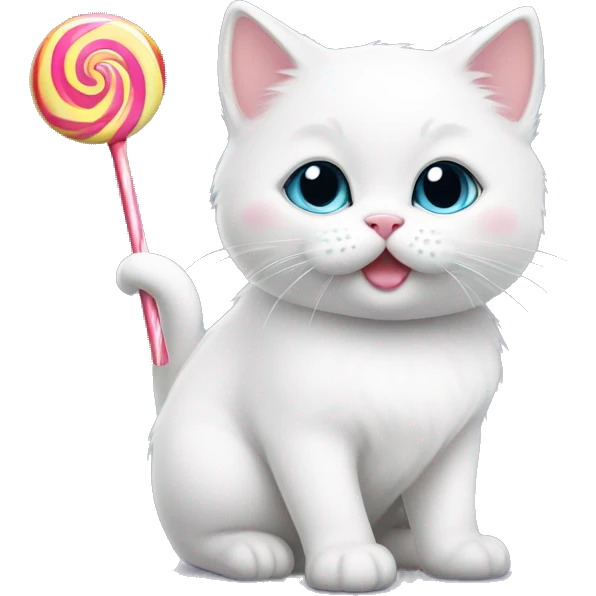 Cute chubby white kitten with lollipop emoji