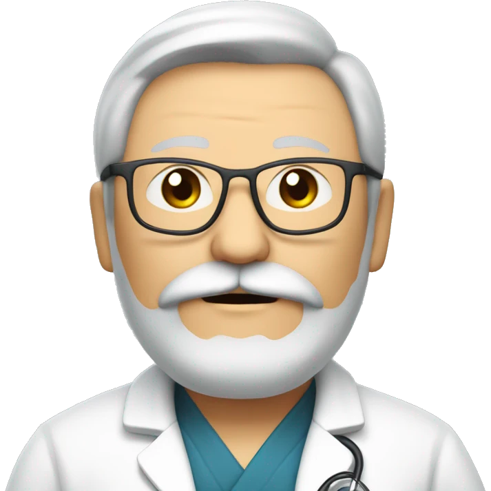 Man 65 years old, Japanese, overweight, with a mustache and a beard, a doctor, wears glasses, very important emoji