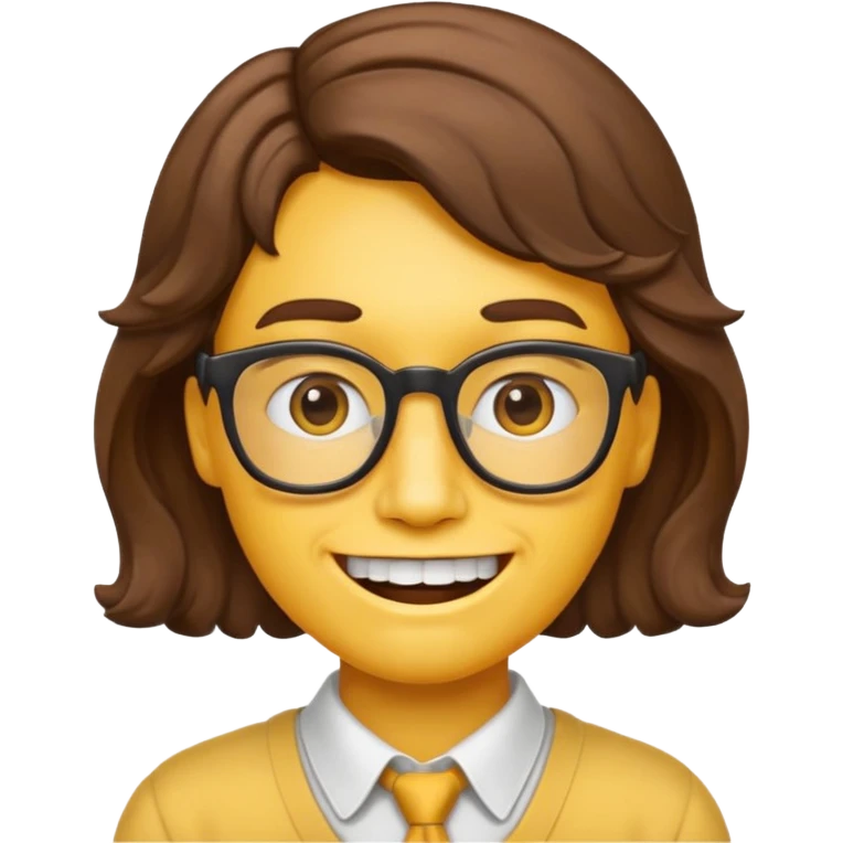 yellow face nerd emoji style with chin-length wavy brown hair and classic nerd emoji teeth emoji