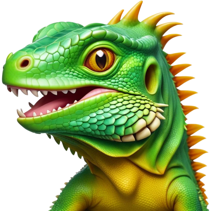 Cinematic Realistic Comical Iguana Portrait Emoji, Head tilted dramatically with an exaggeratedly amused expression, featuring a striking, glossy green-scaled body with bold natural textures and wide, expressive amber eyes brimming with playful disbelief, rendered with lifelike clarity and vibrant hues, high shine, dramatic yet playful, styled with an air of cheeky tropical mischief, soft glowing outline, capturing the essence of a spirited and over‐the‐top iguana that looks ready to charm its way into viral fame! emoji