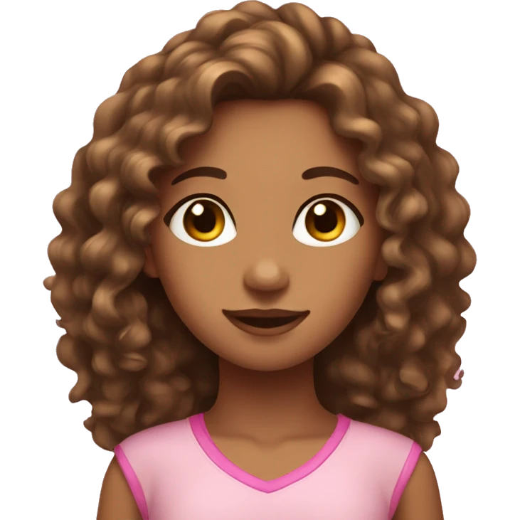 girl with long brown curly hair and tan skin wearing pink emoji