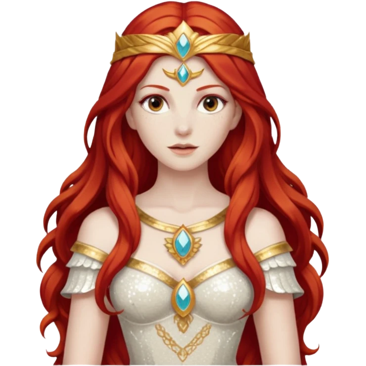 Minerva, Goddess of Wisdom from Gods and Goddesses with long red hair, ivory sequin outfit emoji