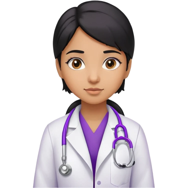 Light browned skin girl with black hair and wearing a doctors coat with a purple stethoscope around her neck emoji