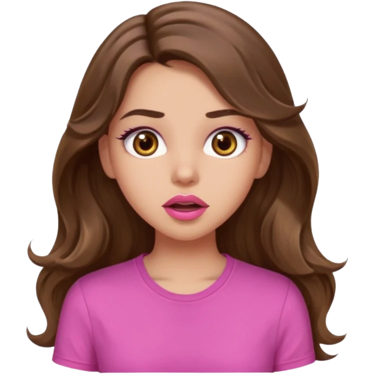 girl with long wavy brown hair, brown eyes, light to medium complexion, in a pink shirt, pink lips, long lashes, surprised, wow emoji