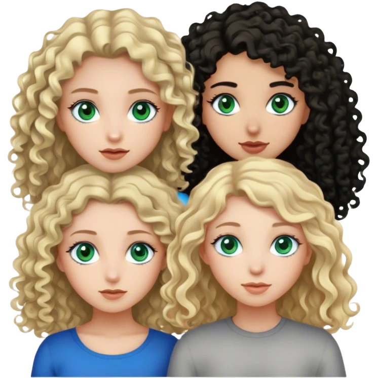 three girl, the oneom the left  blonde with blue eyes, the one that is in the middle that have curly brown hair and grey eyes e the one on the right with straight black hair and green ehes emoji