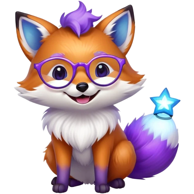 small magical fox with purple and blue fur, glowing fluffy tail, silver star on forehead, round glasses, tiny lantern, laughing with joy emoji