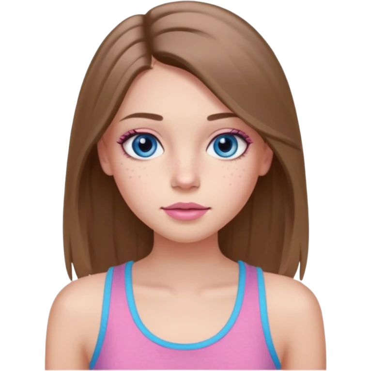 Create a TEENAGE girl with LONG and straight light brunette hair with a middle part, light skin, light freckles, and blue-gray eyes. She will have pink lips and LONG eyelashes. She will be wearing a light pink tank top emoji