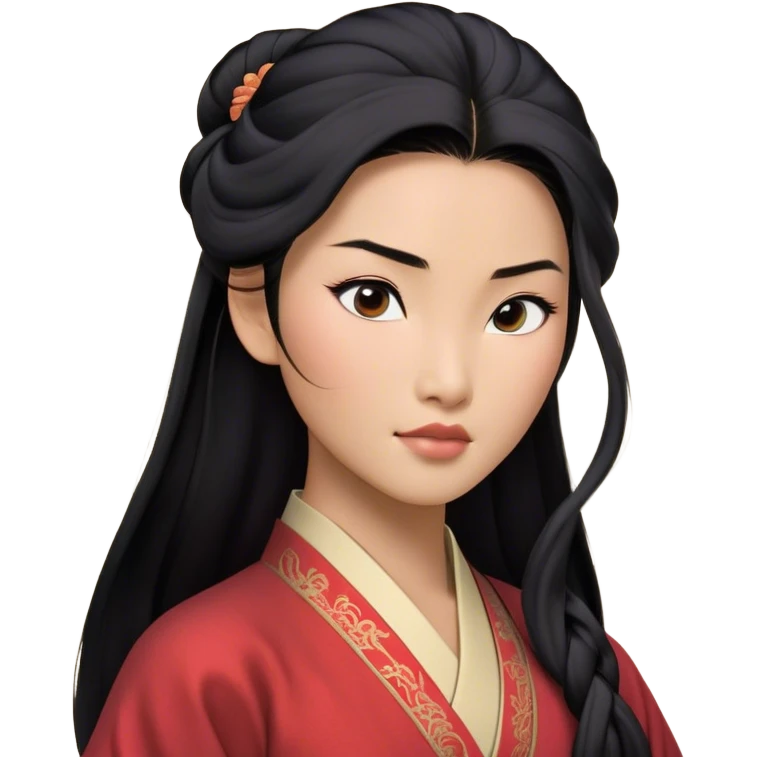 Cinematic Realistic Mulan Portrait, depicted with lifelike skin texture, soft natural lighting, and intricately detailed long black hair styled elegantly. Her deep, expressive eyes exude determination and grace, complemented by a serene yet confident expression. She is dressed in her classic attire, with rich fabric textures and delicate folds that catch the light beautifully. The portrait features a soft, enchanting glow with a natural, radiant finish, capturing the essence of timeless strength and beauty in a realistic and painterly style, evoking a sense of depth and authenticity. emoji