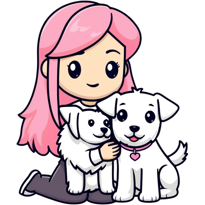 Girl with long flowing pink hair holding a white schnauzer dog emoji